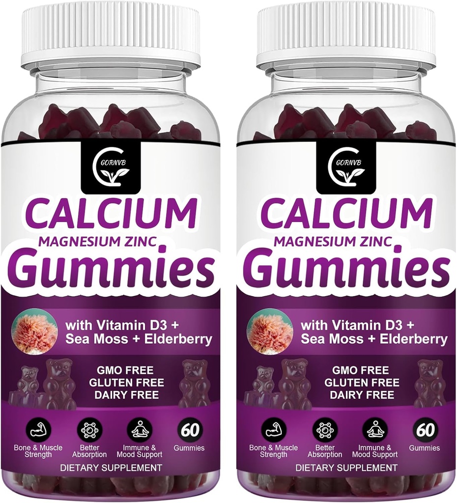 Ασβέστιο Μαγνήσιο Ψευδάργυρος Gummies με Υψηλή Απορρόφηση Μαγνήσιο Γλυκινικό Κάλιο - Σύμπλεγμα φυτών Μαγνήσιο 2:1 αναλογία, με D3 Θαλασσινό Μος για Οστά, Μύες, Ανοσοποιητικό & Υποστήριξη Ύπνου, Vegan-2 Συσκευασία