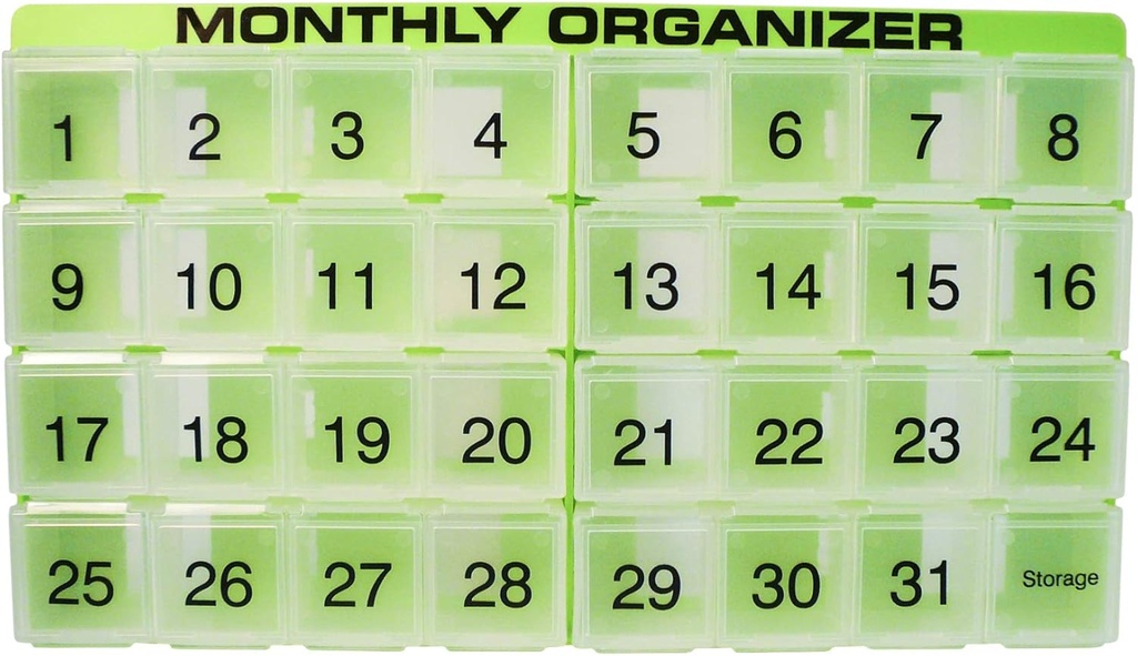 31 compartments, 1 per Day, 4 Week Monthly Pill Organizer by Promed. Includes Tray and 8 Removable compartments. (Green)