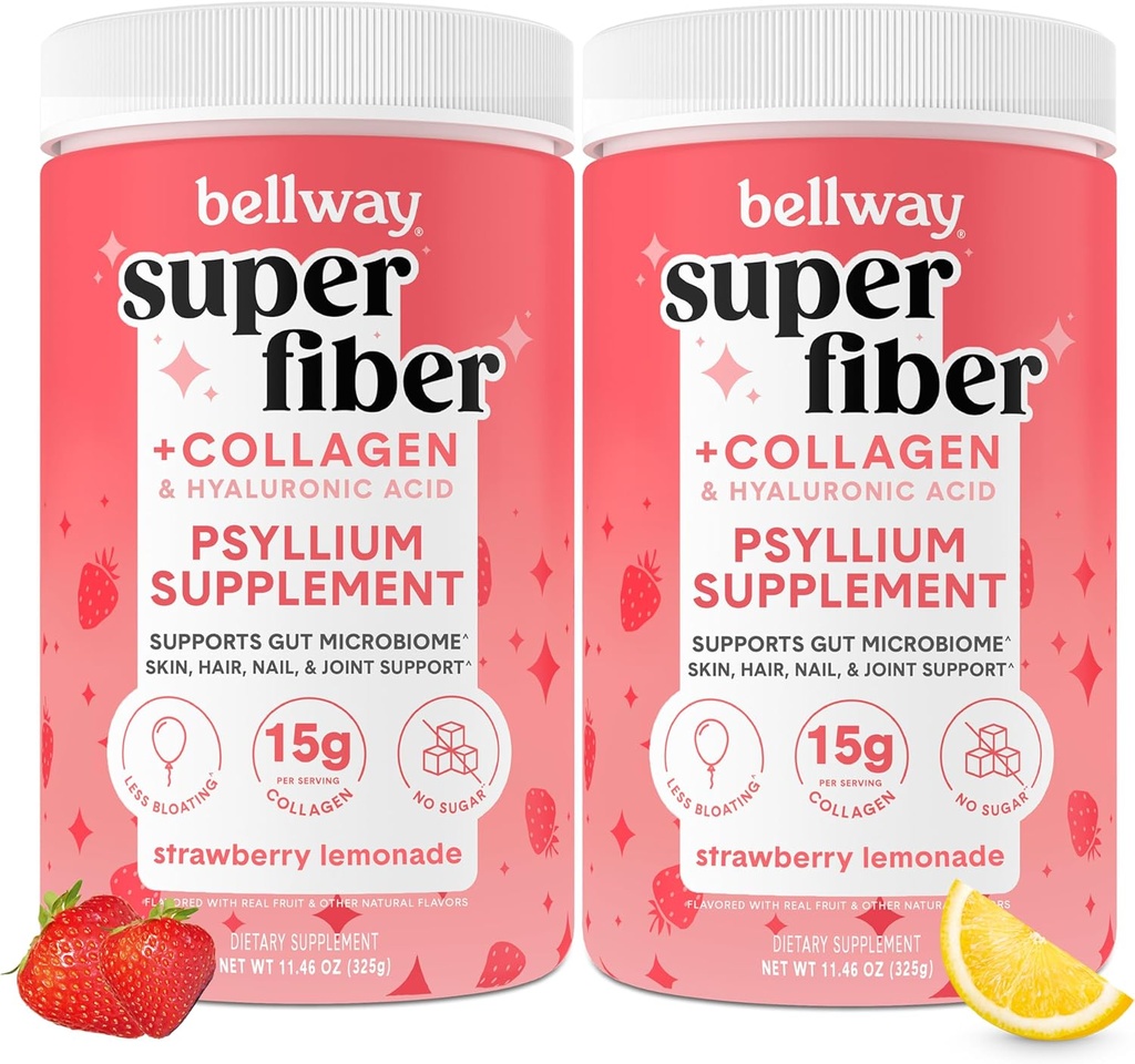 Bellway Super Fiber Toz + Collagen (2 Pack), Sugar-Free Psyllium Husk Toz Gut Health, sağlıklı Skin, Nails, Bones & Commons, Strawberry Lemonade (22.92 oz)