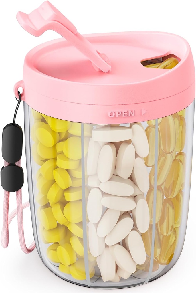 ZIKEE Large Pill Bottle Organizer with Anti-Mixing & Wide Openings Design, Pill Dispenser Holds Monthly Vitamins, Travel-Friendly Supplement Organizer Easy to Fill & Retrieve with a Handle, 20 Labels