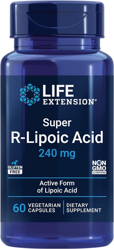 Επέκταση ζωής Super R-Lipoic Acid – Υγιής γήρανση, οξειδωτική άμυνα στρες – με 240 mg ενεργού R-Form R-Lipoic Acid – Χωρίς γλουτένη – Μη ΓΤΟ – Χορτοφαγικά – 60 κάψουλες