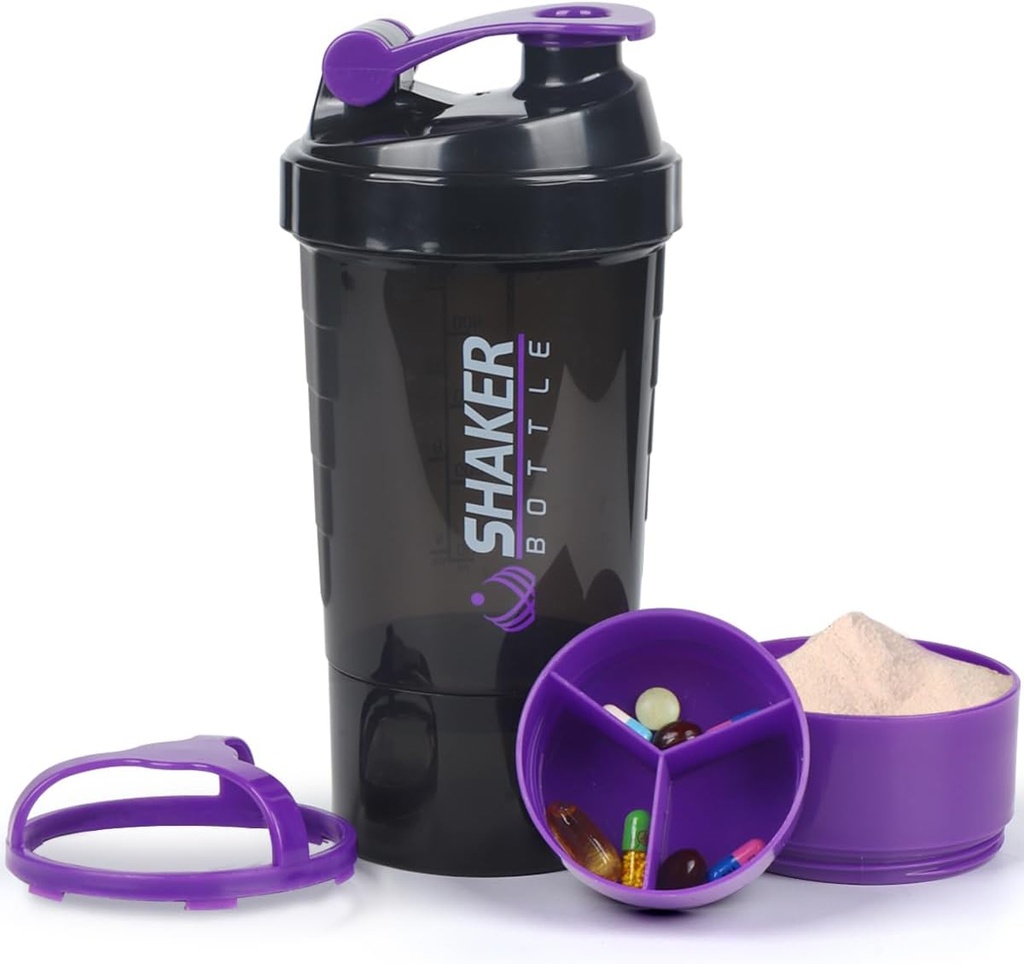Protein Shaker Bottle,16 oz Shake Cup for protein powder with Storage,Sports Water Bottle,Non Slip 3 Layer Twist Off 3oz Cups with Pill Tray Leak Proof Shake Bottles for Protein Mixes
