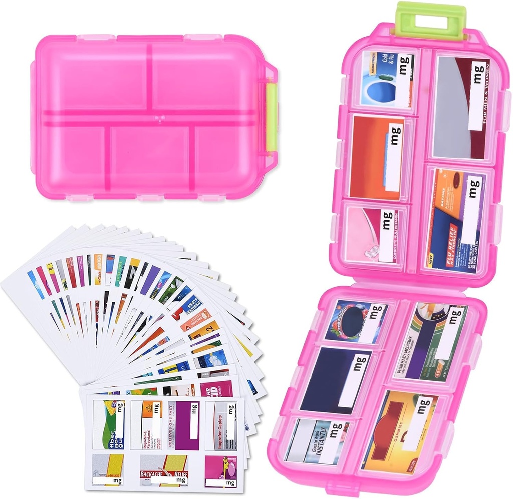 1 Pack 10 GRIDS Travel Pill Organizer Box with 189 Etiketler - Travel Medicine Case Kit - Pocket Daily Eczane Konteyner - Seyahat İlaçları Fish Oil Vitamin Supplement Storage