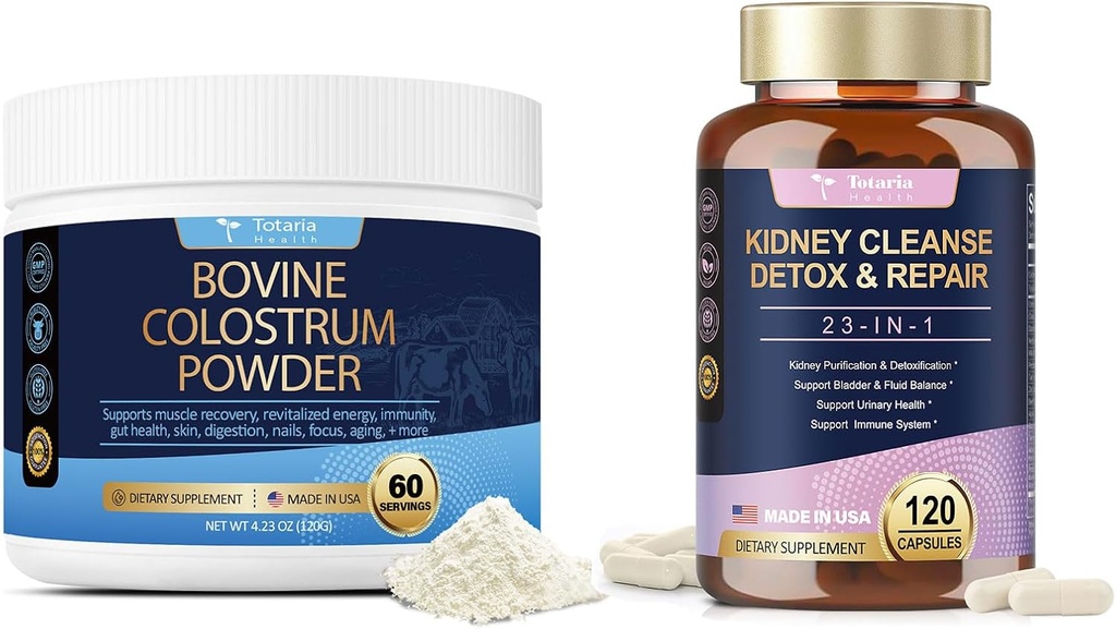 Totaria 120 Counts Kidney Cleanse Detox & Repair Caps + Bovine Colostrum Supplement Powder