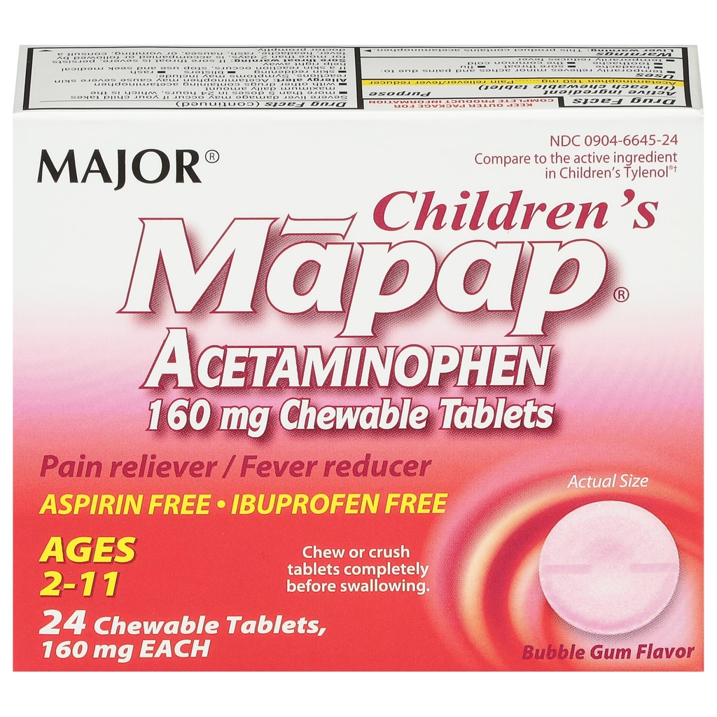 MAJOR Çocuk Haritası Acetaminophen 160 mg Chewable Tabletler - Pain Reliever/Fever Solution - aspirin Free - Ibuprofen Free - For Ages 2 to 11-24 Count (1 Pack)