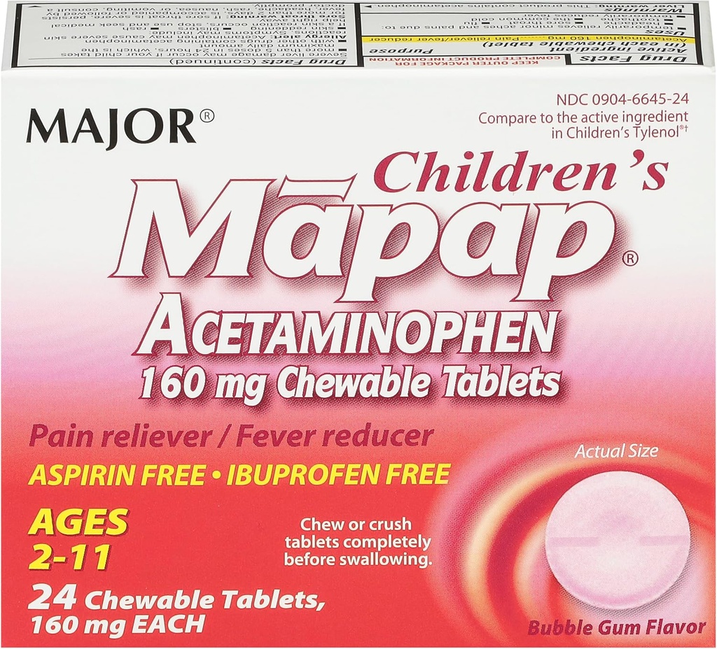 MAJOR Children’s Mapap Acetaminophen 160 mg μασώμενα δισκία - Πόνος Reliever/Fever Reducer - Aspirin Free - Ibuprofen Free - για ηλικίες 2 έως 11- 24 Count (1 Pack)