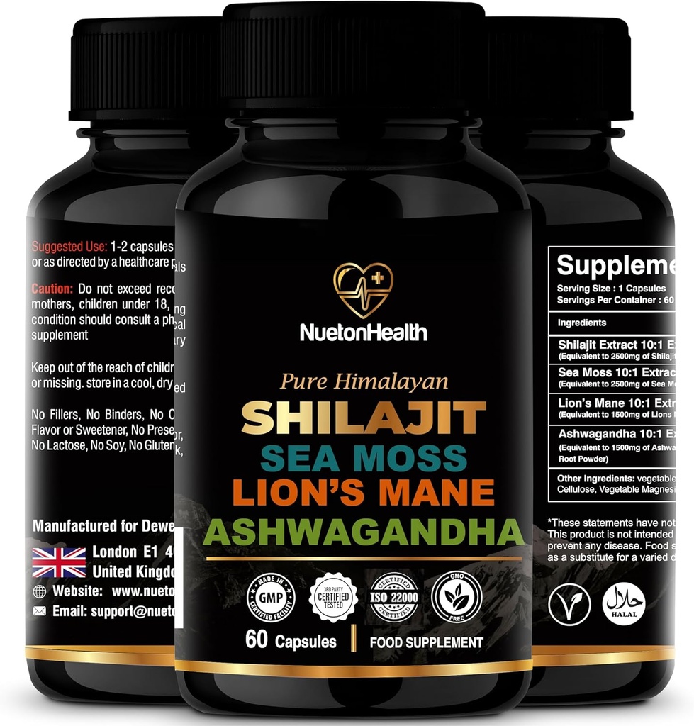 Shilajit, Sea Moss, Lion's Mane ve Ashwagandha Capsules - Zihin, Vücut ve Yaşam Için Kapsamlı Bir Tüm-Bir Wellness Tamamı - 60 Vegan Capsules