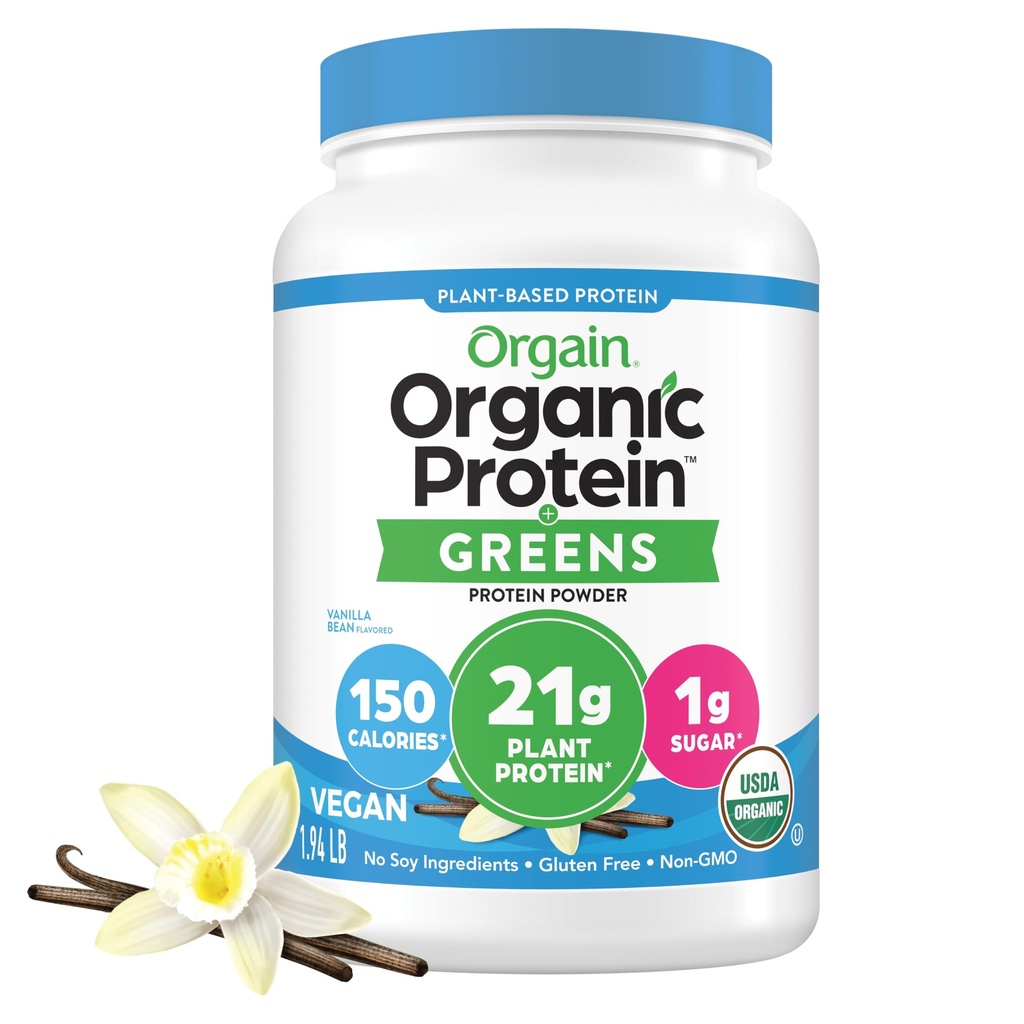 Orgain Organic Vegan Protein Toz + Yeşiller, Vanilla Bean - 21g Plant Temel Protein, Gluten Free, Dairy Free, Lactose Free, Soy Free, No Sugar eklendi, Demir & Prebiyotiks for Gut Health - 1.94lb