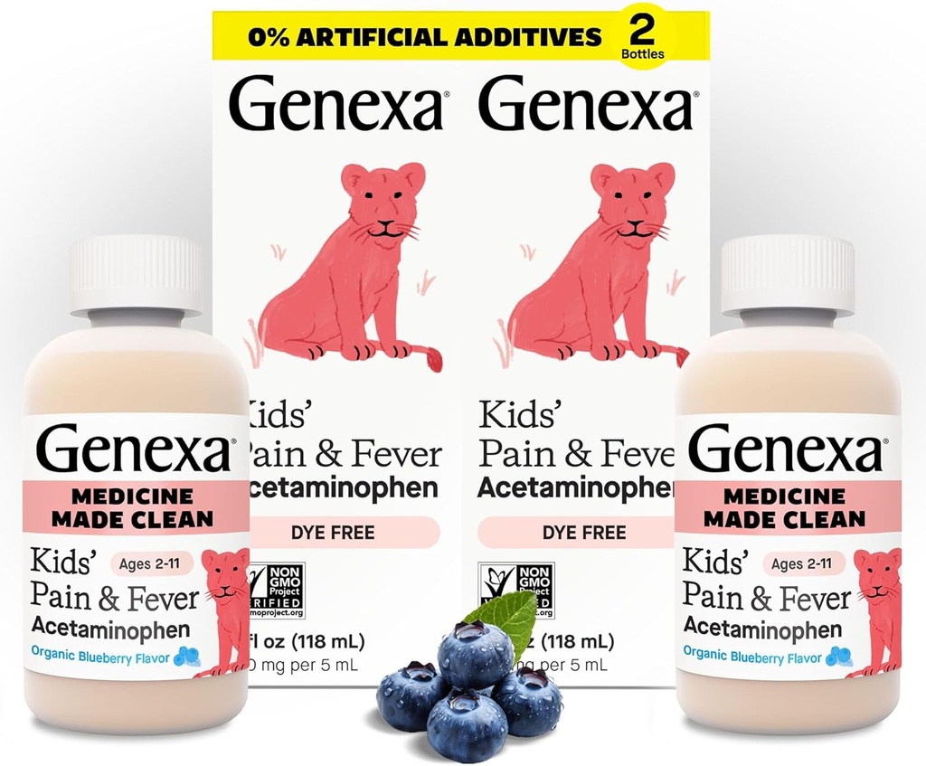 Genxa Çocuk Temiz Acetaminophen | Pediatrik Tercihli Malzemeler | Çocuklar için Ağrı ve Ateş Tespiti | Dye Free, 0% Yapay Katkılar | 2-11, Delicious Organic Blueberry Liquid, 4 fl ozzz