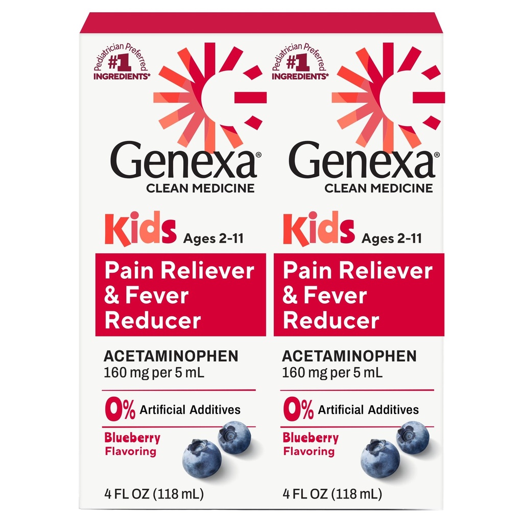 Genxa Çocuk Temiz Acetaminophen | Pediatrik Tercihli Malzemeler | Çocuklar için Ağrı ve Ateş Tespiti | Dye Free, 0% Yapay Katkılar | 2-11, Delicious Organic Blueberry Liquid, 4 fl ozzz