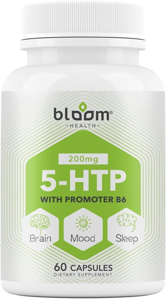 5 HTP 200mg συμπλήρωμα, Βιταμίνη Β6 φυσικό ύπνο, συγκέντρωση, ενίσχυση διάθεσης - 4 σε 1 φόρμουλα Vegan γλουτένη, σιτάρι, λακτόζη, κάψουλες χωρίς σόγια - 60 Count