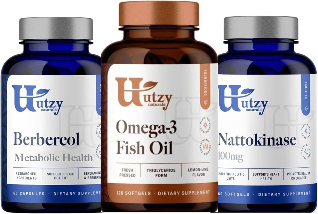 Utzy Naturals Berbercol | 500 mg Citrus Bergamot (as Bergamonte) & Berberine, Nattokinase | 100 mg + Omega 3 Fish Oil Oil
