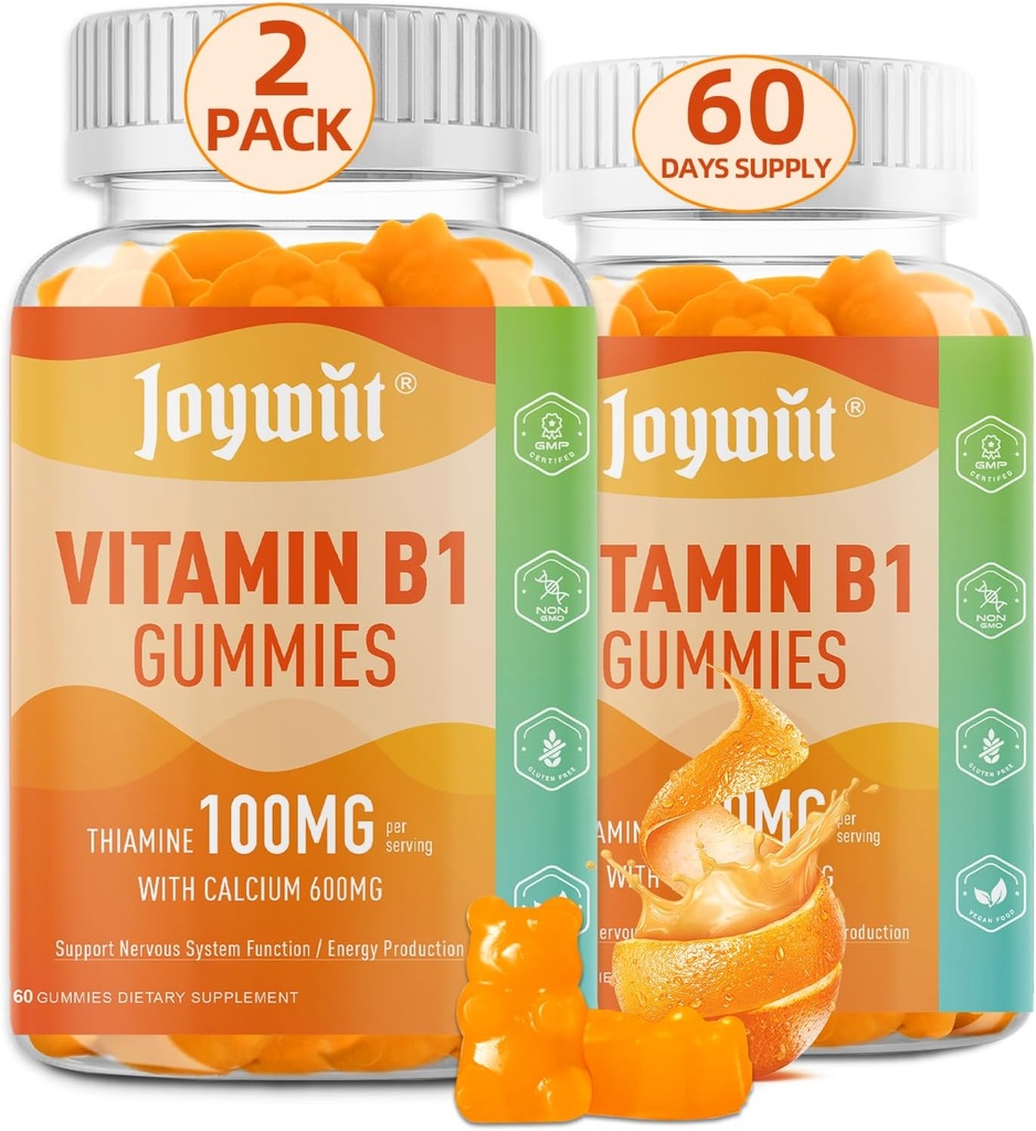 Yetişkinler ve Çocuklar için 100 mg B1 Vitamini, Thiamine B1 Supplement with 600 mguba, Nervous System Supports & Boost Energy, Orange Flavor, Non GMO, Vegan, 120 Chewable Gummies
