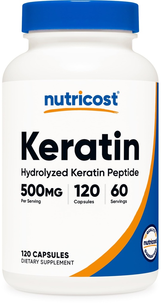 Υδρολυμένες κάψουλες πεπτιδίου Nutricost Keratin - 500MG, 120 κάψουλες (60 εξυπηρετούν) - Μη ΓΤΟ, Χωρίς γλουτένη Φόρμουλα