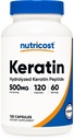 Υδρολυμένες κάψουλες πεπτιδίου Nutricost Keratin - 500MG, 120 κάψουλες (60 εξυπηρετούν) - Μη ΓΤΟ, Χωρίς γλουτένη Φόρμουλα