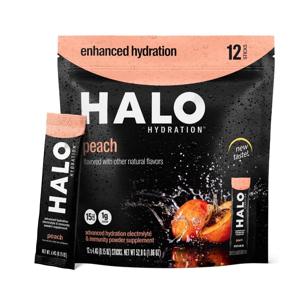 HALO Hydration - Electrolyte Drink Mix | Hydration Toz Paketleri | Peach Flavor- For Sports and Bisiklet | Easy Open Single Servis Stick | 12 Sticks