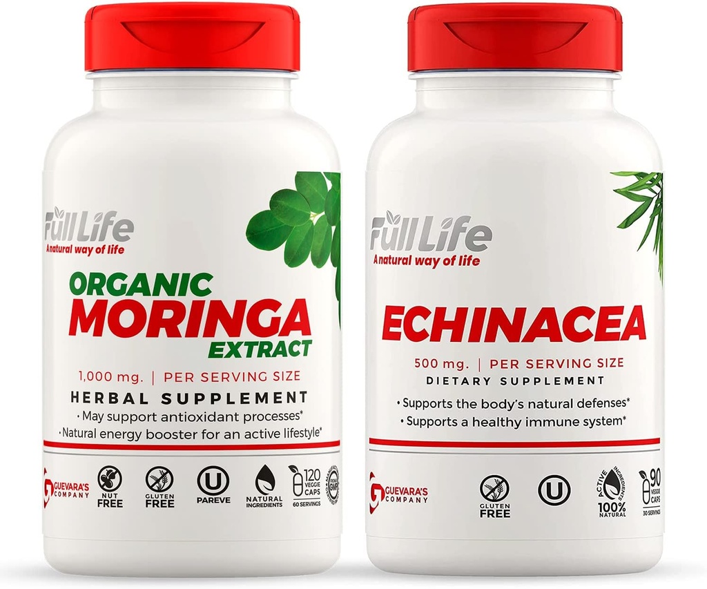 Full Life Moringa and Echinacea Capsules - Herbal Supplement - Moringa Pills for Women and Men - Natural Energy Branson - Kosher, Gluten-Free - Veggie Caps