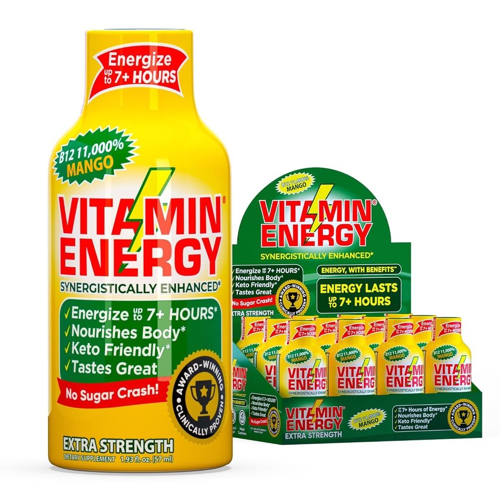 Enerji B12 11,000 Ekstra Kuvvet Enerji Shot Mango 12 Paketi, 260 mg Natural Caffeine, B12 & B6, Nootropic Focus, Vitality, Zero Sugar, Gluten-Free, Vegan, Kosher, 1.93 fl ozzz