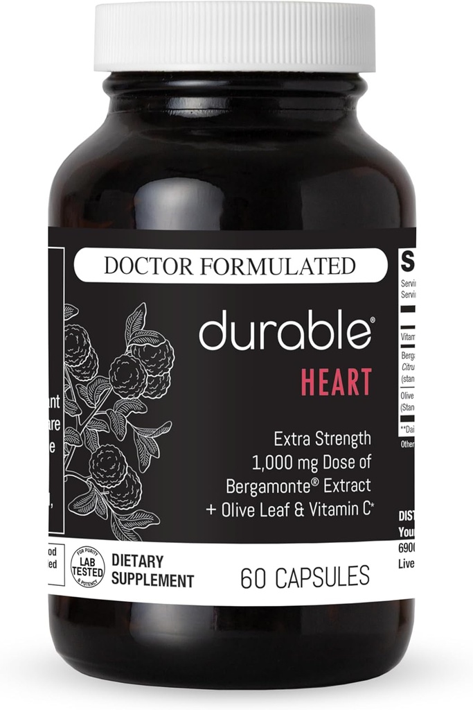 Ανθεκτικό Heart – Bergamonte Citrus Bergamot 1, 000 mg + εκχύλισμα Olive Leaf + Βιταμίνη C - συμπλήρωμα υγείας καρδιάς για υγιή χοληστερόλη - Γιατρός Formulated, Vegan, Non-GMO, Made in USA (60 Κάψουλες)