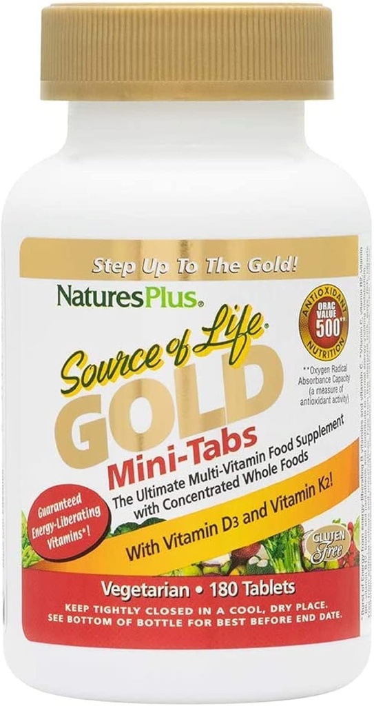 NaturesPlus Πηγή Ζωής Χρυσή Πολυβιταμίνη - 180 Mini-Tabs - με Βιταμίνες D3, B12 & K2 - Αίμα, Οστά & Ανοσολογική Υποστήριξη - Χορτοφαγικά & Χωρίς Γλουτένη - 30 Σερβιέτες