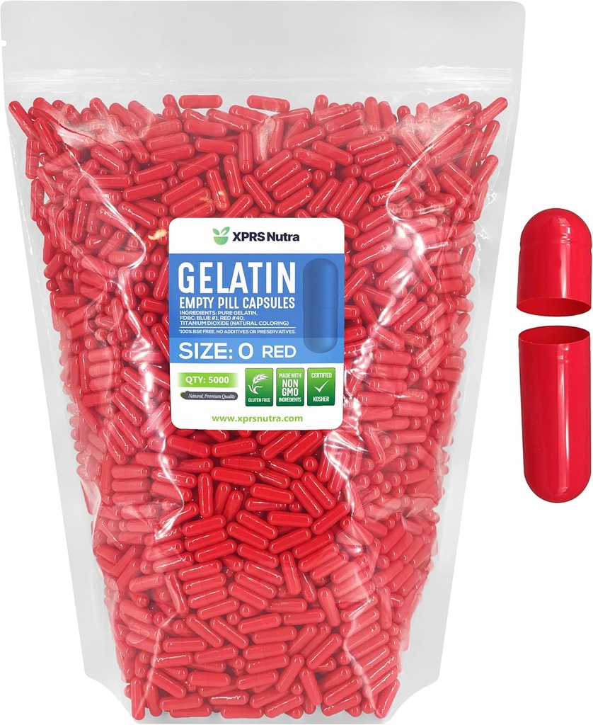 XPRS Nutra Boyutu 0 Boş Kapsüller - 5000 Kont Boş Gelatin Capsules - Pill DIY Capsule - Pure Bovine Pills Gel Caps For Do-It- Yourself Supplements (Red)