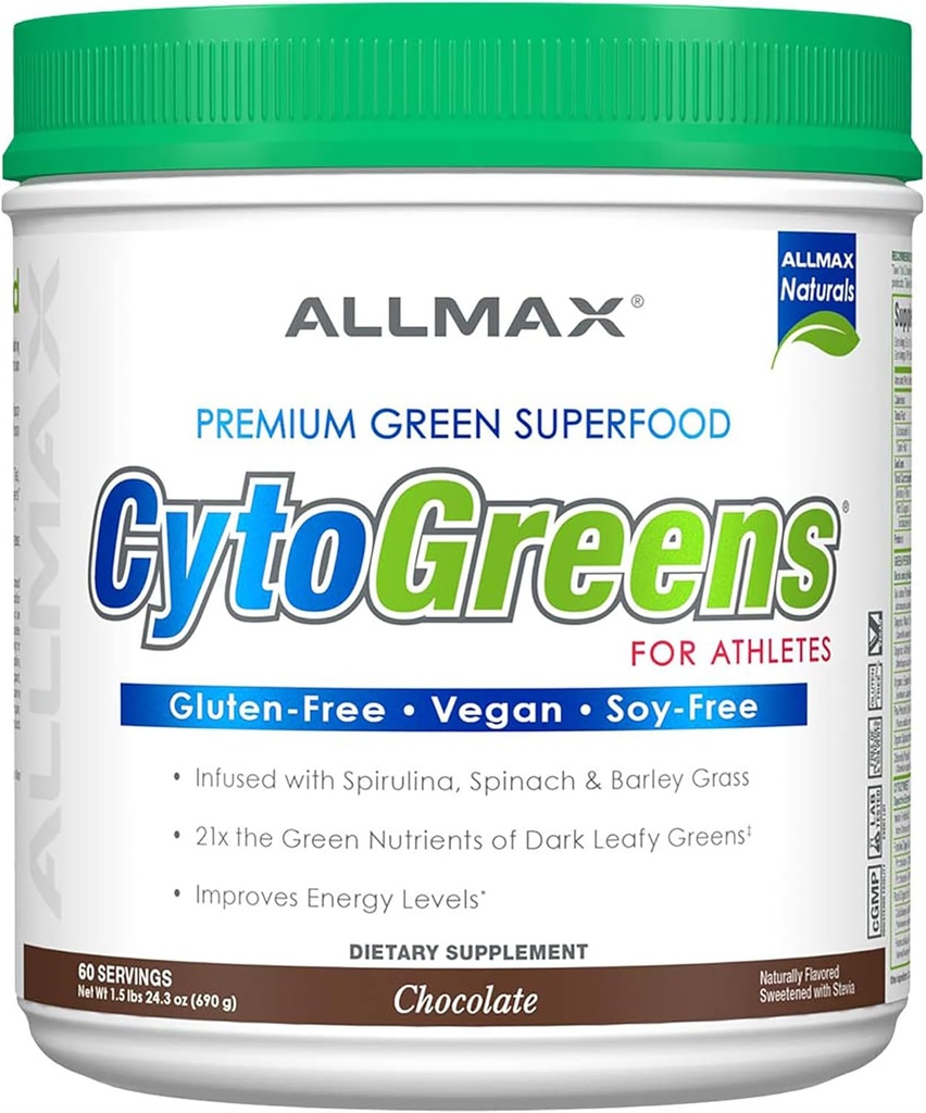 ALLMAX CYTOGREENS, Chocolate - 1.5 lbs - Performans, Kurtarma ve Enerji - Spirulina, Chlorella, Spinach, Barley Grass & Green Tea - 60 Hizmetler