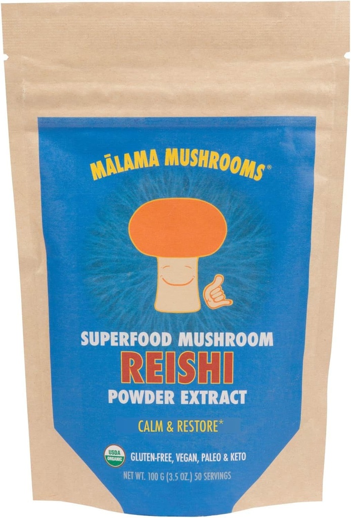 Malama Organik Reishi Mushroom Toz, Pure Fruiting Body Extract, Immune Support and Wellness için Adaptojenik Superfood, 100 Hizmet