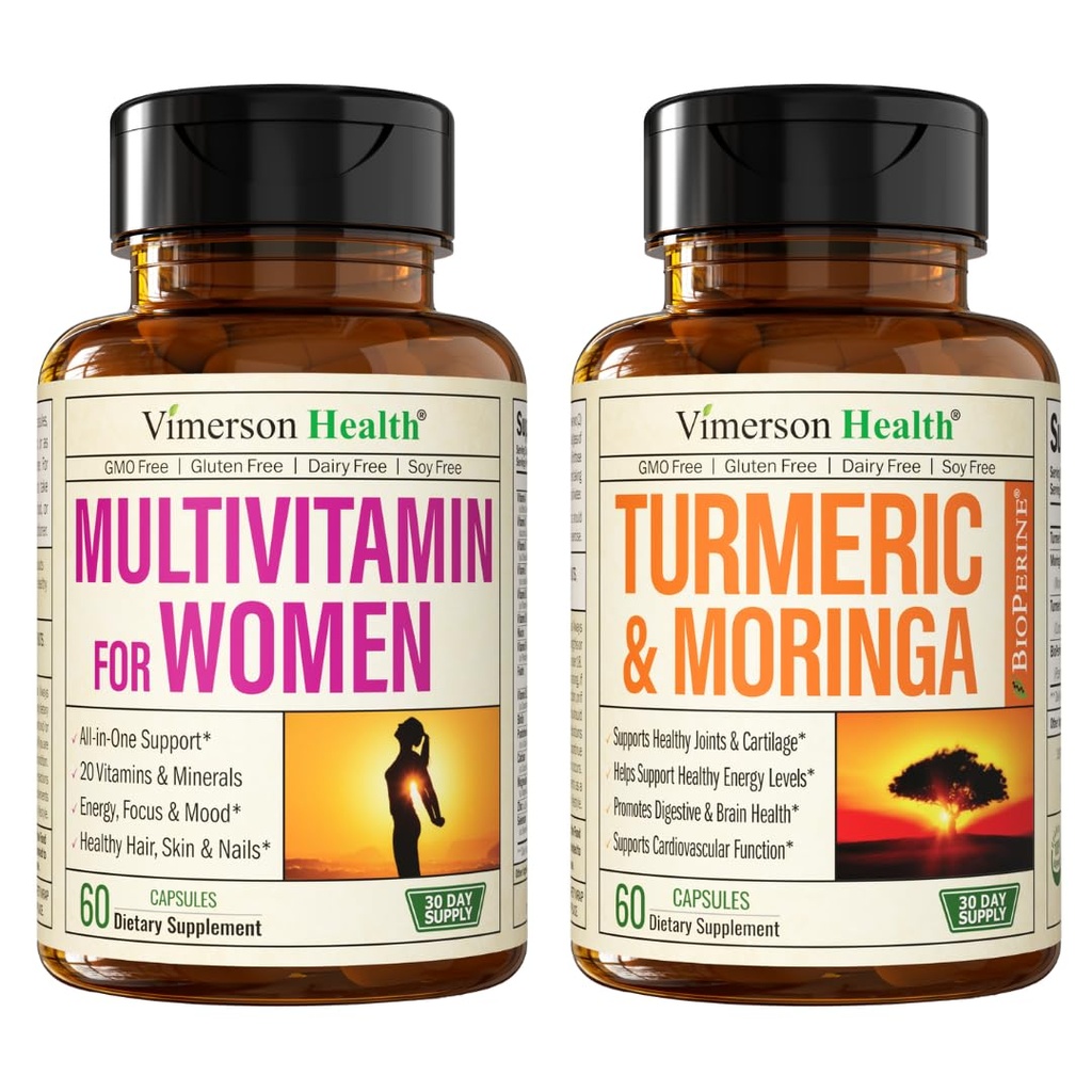 Vimerson Health Women's Multivitamin & Turmeric Moringa Supplement for Immune Support, Energy, Mood, Hair, Skin, Nails, Joints and Digestion.