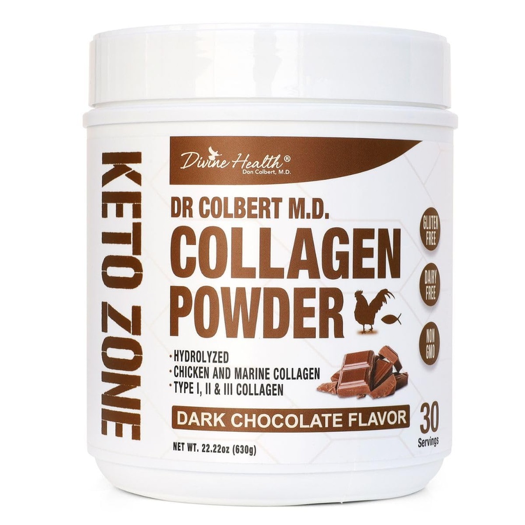 Dr. Colbert, MD Hydrolyzed Collagen Toz | Çikolata Flavor | İlahi Sağlık tarafından | Tip I, II, III Tavuk & Deniz Collagen | Hua Bölgesi | Destek Saç, Skin, Nails & Ortaklar | 630g | 30 Hizmet