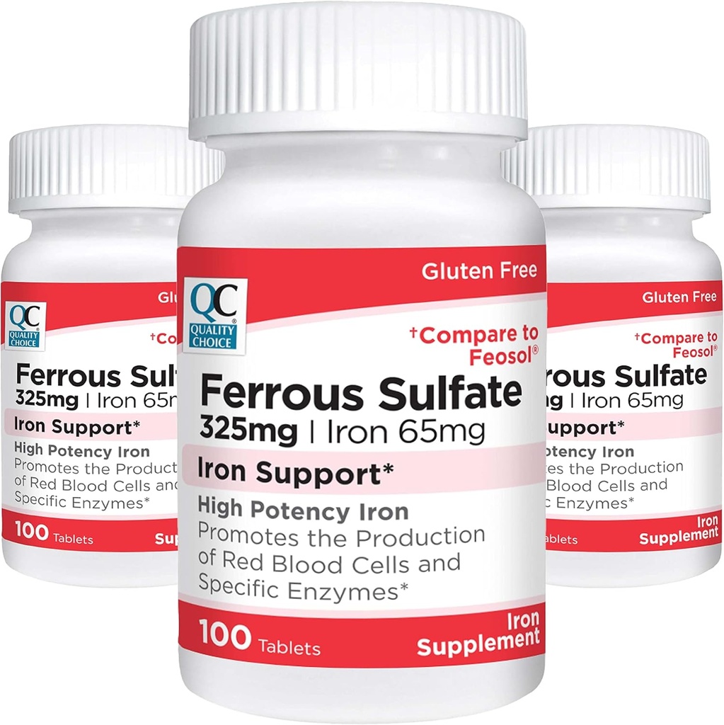Quality Choice Iron 65 mg (325 mg Ferrous Sulfate) Yüksek Potency Iron Support Supplement Tabletleri 100 Kont Şişede (3 Pack)