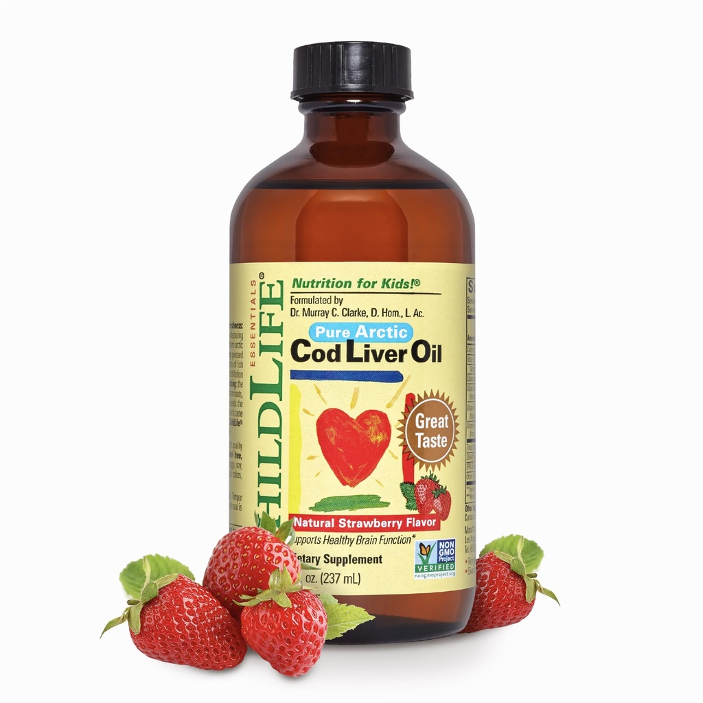 Çocuklar için Çocuk Cod Liver Yağı - Çocuklar Cod Liver Oil Liquid, Bebekler için 6+ Ay, Toddler, DHA, EPA, Omega-3 Fatty Acids - Strawberry, 8 fl oz