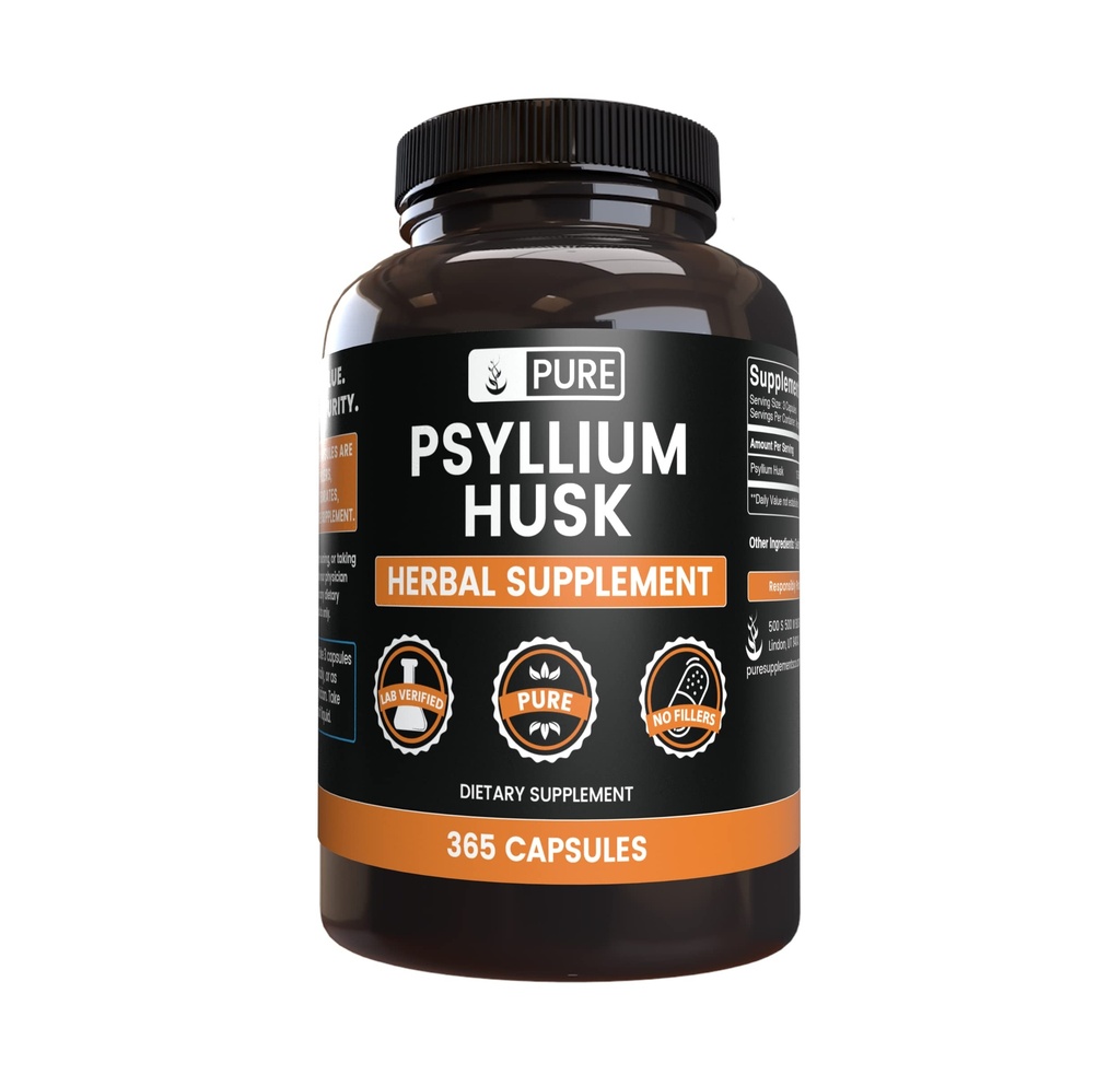 PURE ORIGINAL INGREDIENTS Psyllium Husk (365 Capsules) Magnezyum Or Rice Fillers, Always Pure, Lab TY