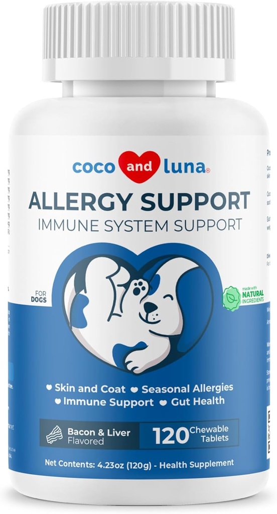 Köpekler için Alerji Desteği - 120 Chewable Tabletler - C vitamini, Omega 3 ve Colostrum - Itch Relief, Antivirüs Yardımı, Skin Soother - Immune System Health Health