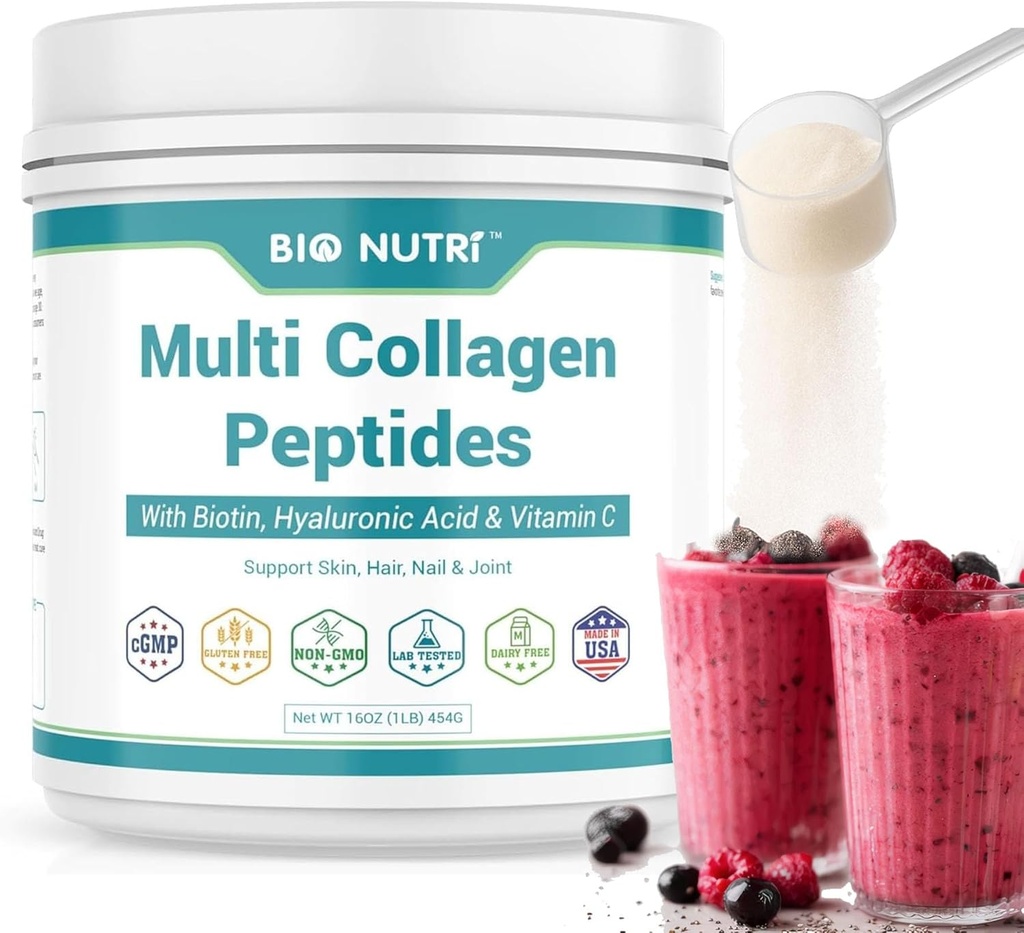 BIO NUTRI Collagen, Toz Multi-Type (I, II, III, V, X) Biotin & Hyaluronic Asit for Hair, Skin, Nails & Commons, Unflavored, 16oz