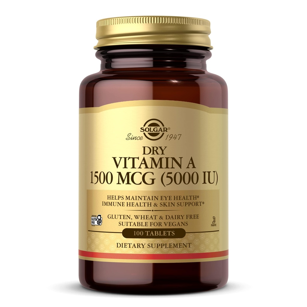 Solgar Dry Vitamin A 1500 mcg (5000 IU), 100 Tablets - Υποστηρίζει υγιή μάτια, δέρμα & ανοσοποιητικό σύστημα - Μη ΓΤΟ, Vegan, Χωρίς γλουτένη, Χωρίς γαλακτοκομικά, Kosher - 100 Σερβιέτες