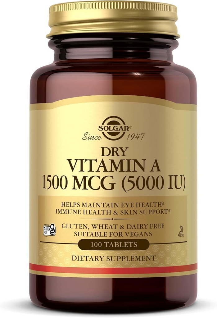 Solgar Dry Vitamin A 1500 mcg (5000 IU), 100 Tablets - Υποστηρίζει υγιή μάτια, δέρμα & ανοσοποιητικό σύστημα - Μη ΓΤΟ, Vegan, Χωρίς γλουτένη, Χωρίς γαλακτοκομικά, Kosher - 100 Σερβιέτες