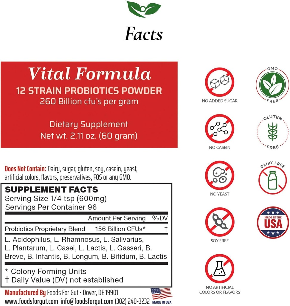 Gıdalar Gut Vital Formula 12 Strain Probiyotiks Toz 260 Milyar CFU | ABD'de Yap | Doğrudan Üretici | Üçüncü Partili Depolama | Immune Support | 60 Grams (2.11 Oz)