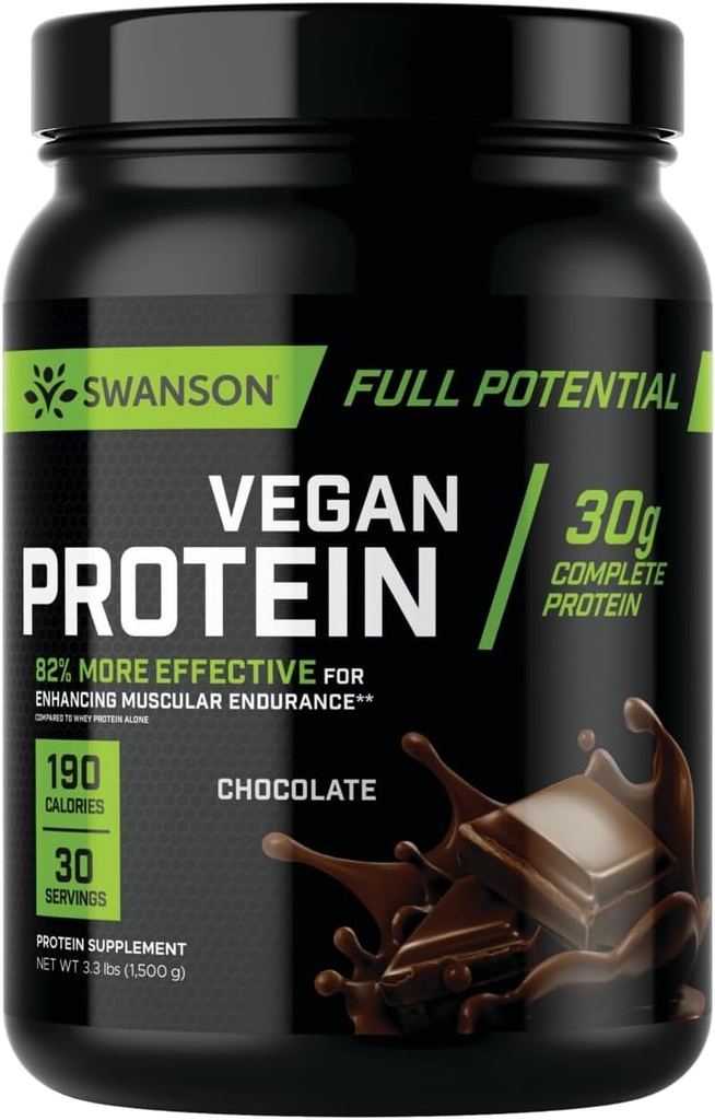 Swanson Πλήρης δυνητική πρωτεΐνη Vegan - Σοκολάτα Γεύση, ολική σκόνη πρωτεΐνης Vegan για οικοδόμηση και ανάκτηση μυών - 30 g