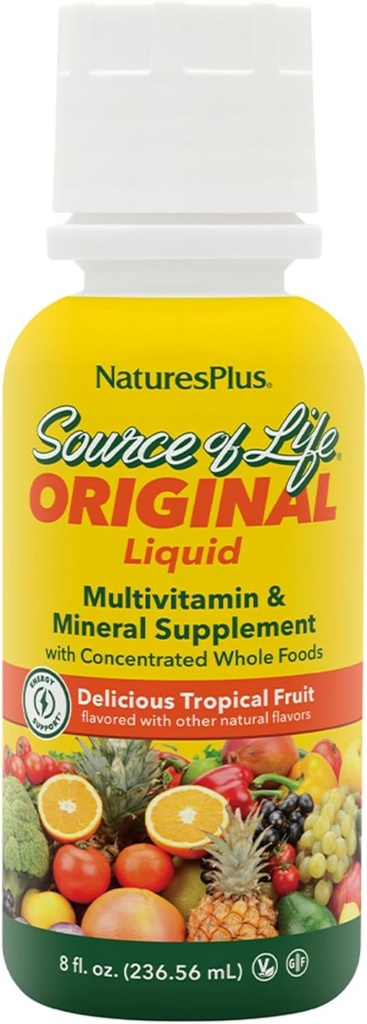 Natures Plus Life Liquid, Tropikal Meyve Kaynağı - 8 fl oz - Multivitamin & Mineral Supplement - Gluten Free, Vegetarian - 8 Hizmetler