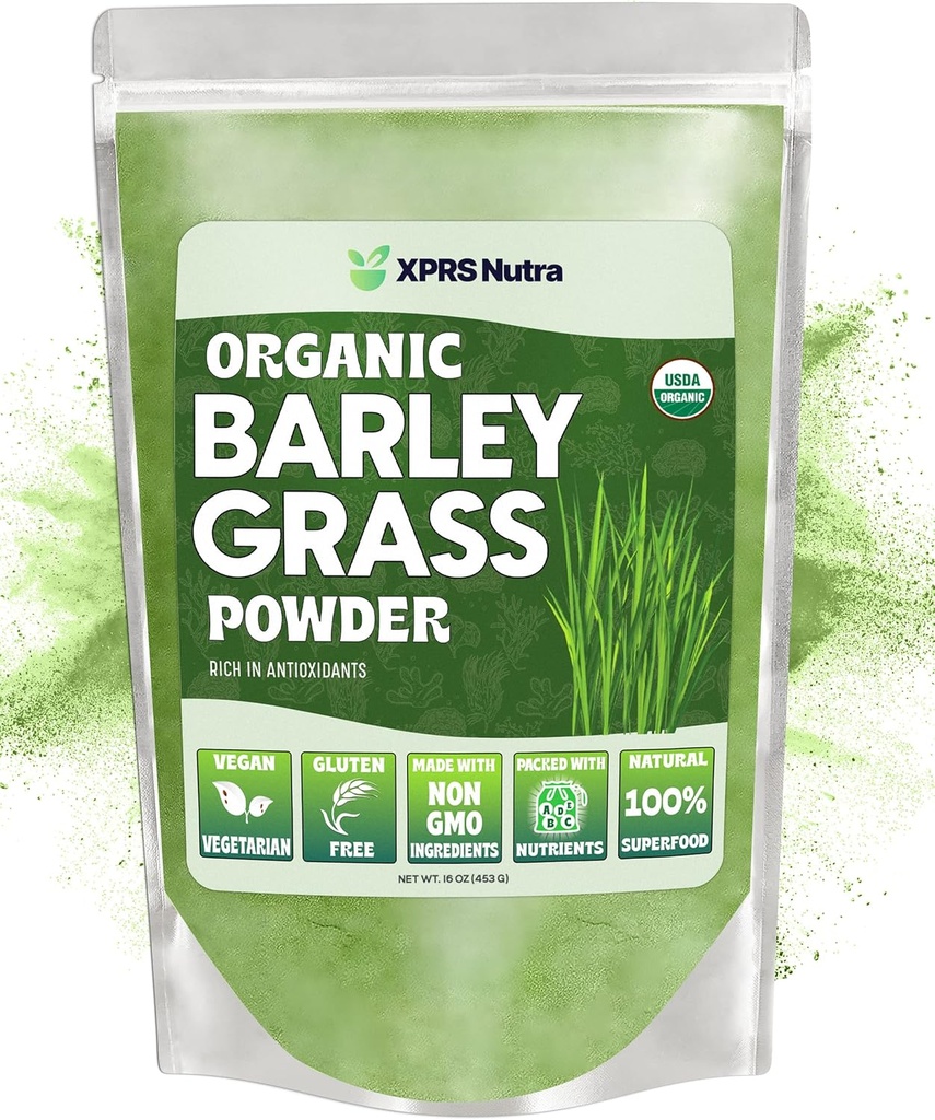 XPRS Nutra Βιολογικός Κριθάρι Grass σκόνη - 16 ουγγιά Premium Κριθάρι σκόνη πλούσια σε αντιοξειδωτικά, Αμινοξέα και πρωτεΐνες - Κριθάρι Πράσινο Superfood για την ασυλία