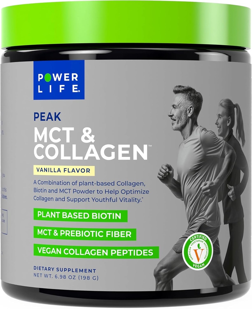 Power Life® Peak MCT Powder Supplement with Plant-based Collagen and Biotin - Βανίλια Γεύση (30 Services)