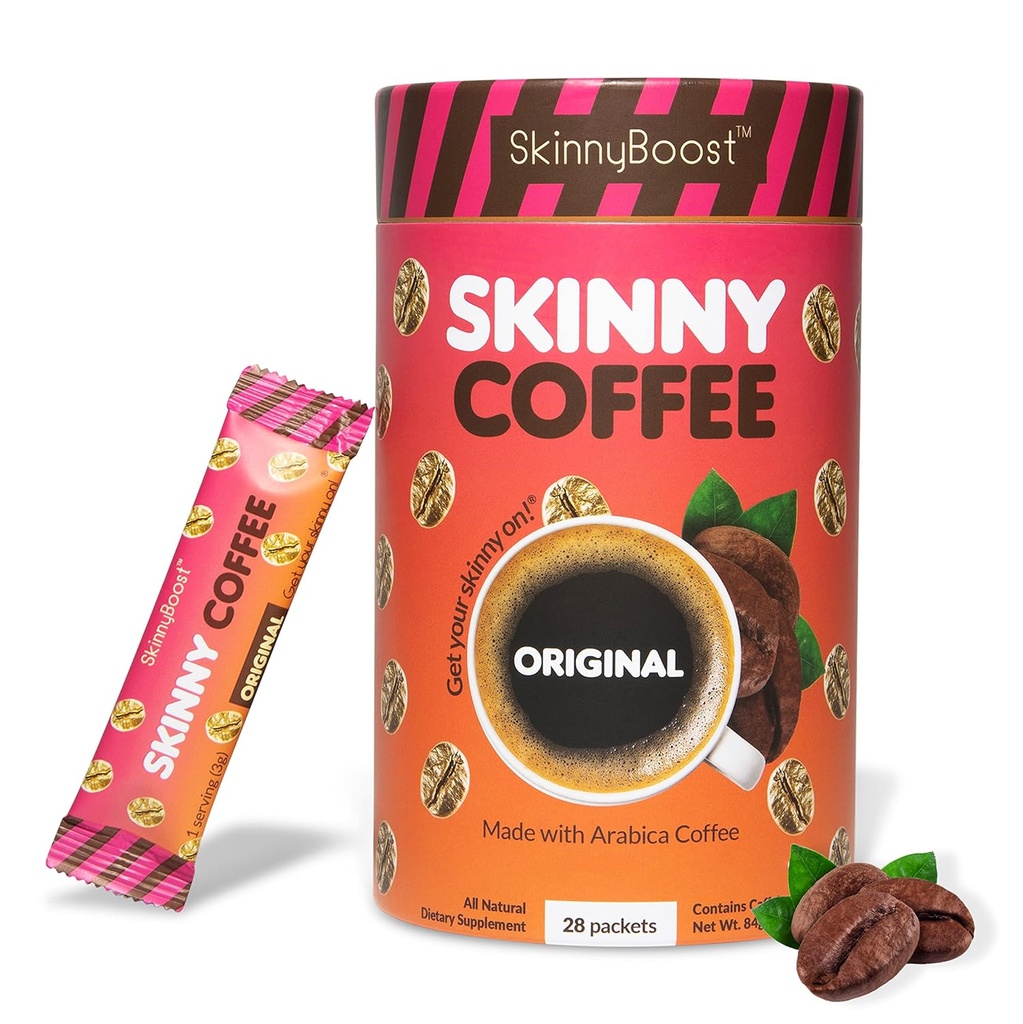 Skinny Boost Instant Skinny Coffee Sticks (Unflavored) - Arapa Coffee Beans, Garcinia Cambogia, Green Tea Extract, B Vitamins, Fiber ve Prebiyotikler -Sugar Free-Keto Friendly (28 Packets)