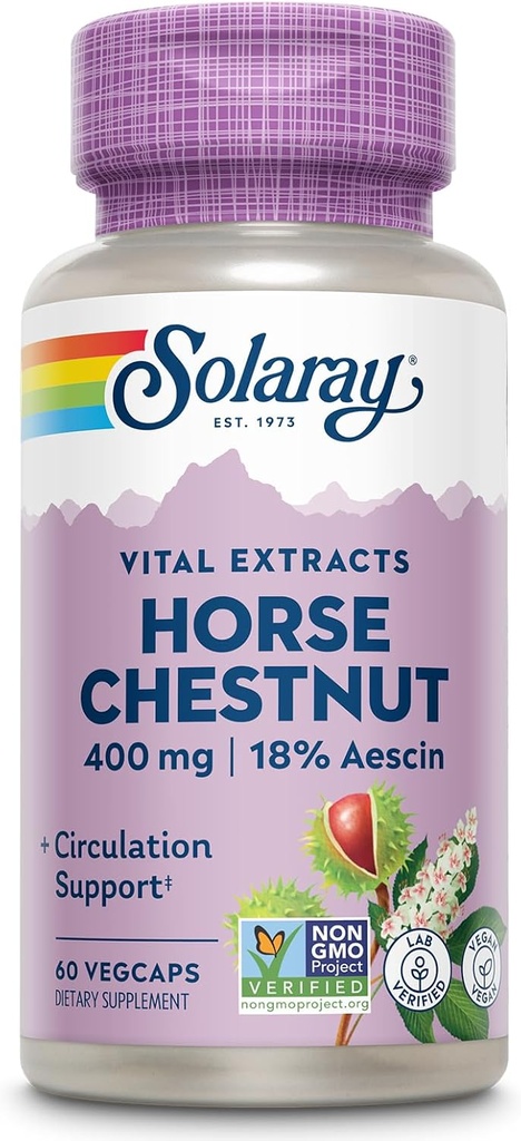 Solaray Horse Chestnut Extract 400 mg - 72 mg Aescin - 55 mg of Butchers Broom - Vein ve Blood Circulation Supplements - Vegan, Non-GMO, 60 Günlük Garanti, 60 Hizmet, 60 VegCaps