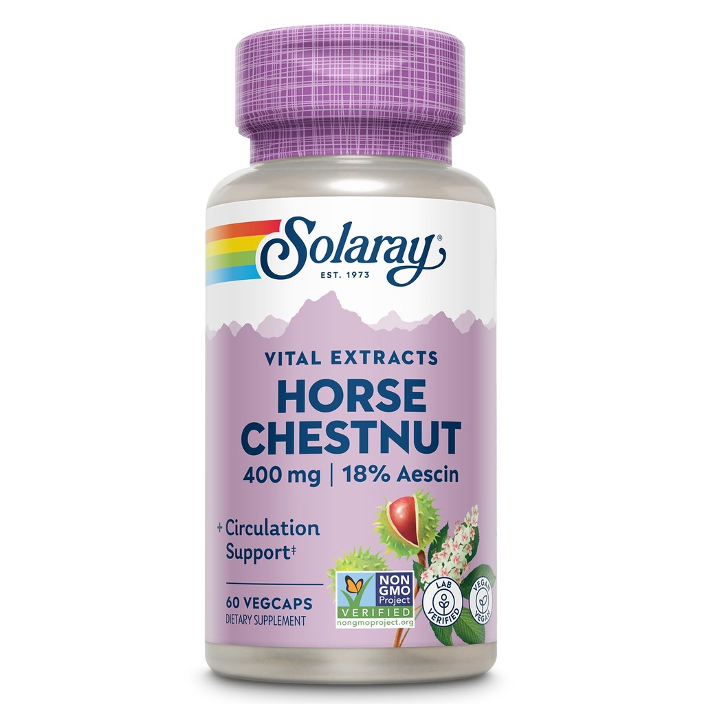 Solaray Horse Chestnut Extract 400 mg - Standardized to 72 mg Aescin - Με 55 mg Butchers Broom - Vein and Blood Circulation Supplements - Vegan, Non-GMO, 60-Day Εγγύηση, 60 Servings, 60 VegCaps