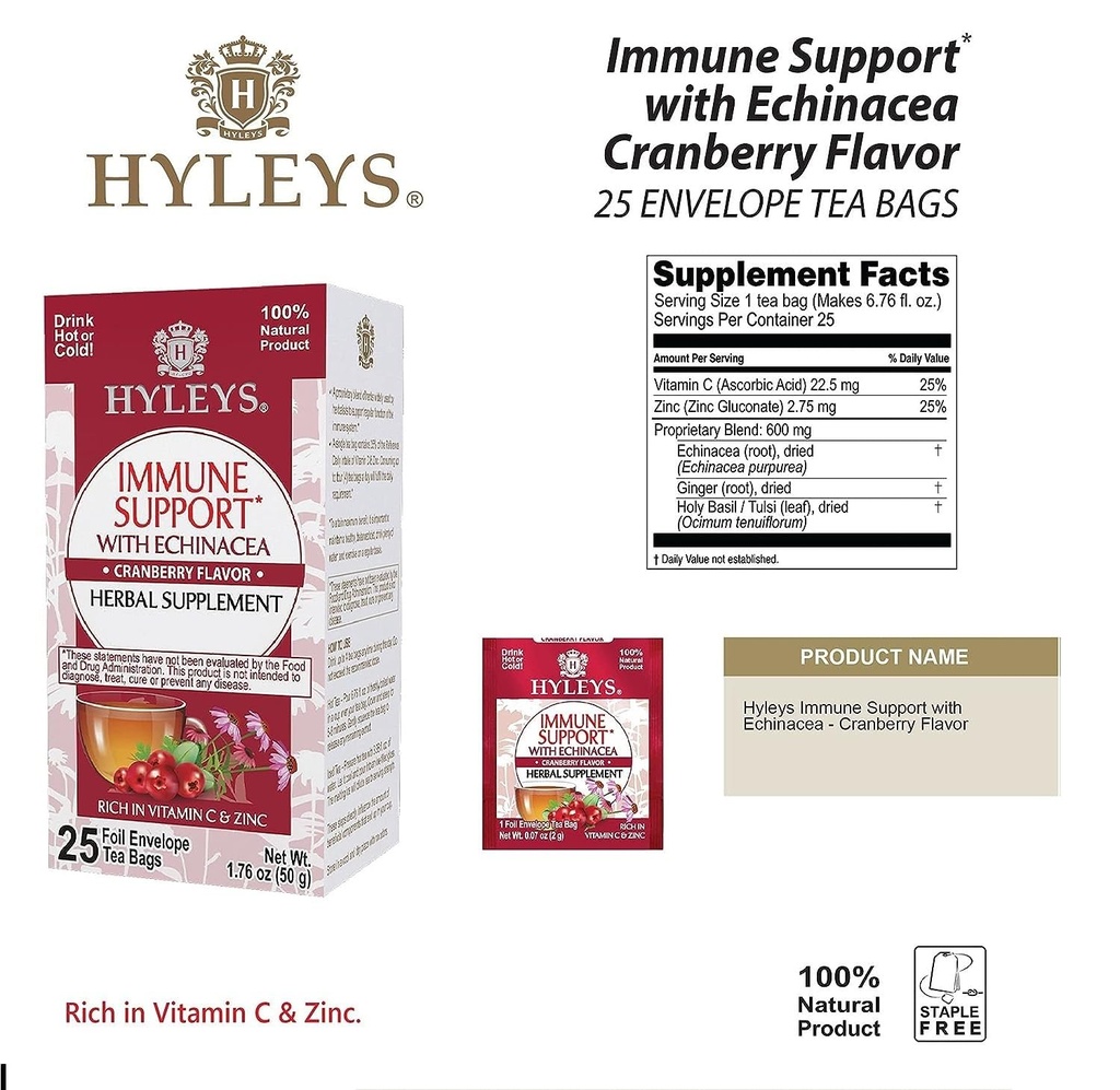 HLEYS Immunity Tea with Echinacea Cranberry Flavor - 25 Tea Bag (1 Pack) - Immune System Destek