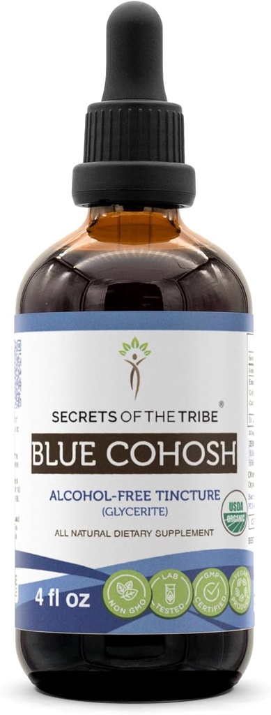 Secrets of the Tribe Blue Cohosh Alcohol-Free Tincture (Glycerite) 659 mg Responsibly farmed USDA Organic Blue Cohosh (Caulophyllum Thalictroides) Dried Root (4 Fl Oz) Women's Health Supplement