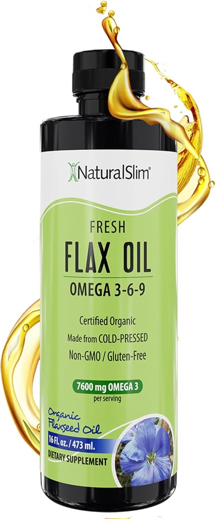 NaturalSlim Flaxseed Oil Liquid Fresh Taste Flax Oil Organic Cold Pressed & High in Omega 3 6 9 Fatty Acid Flax Tohumu Sağlıklı Hücreler, Saçlar, Skin, & Nails - Fresh Taste 16 fl. Oz.