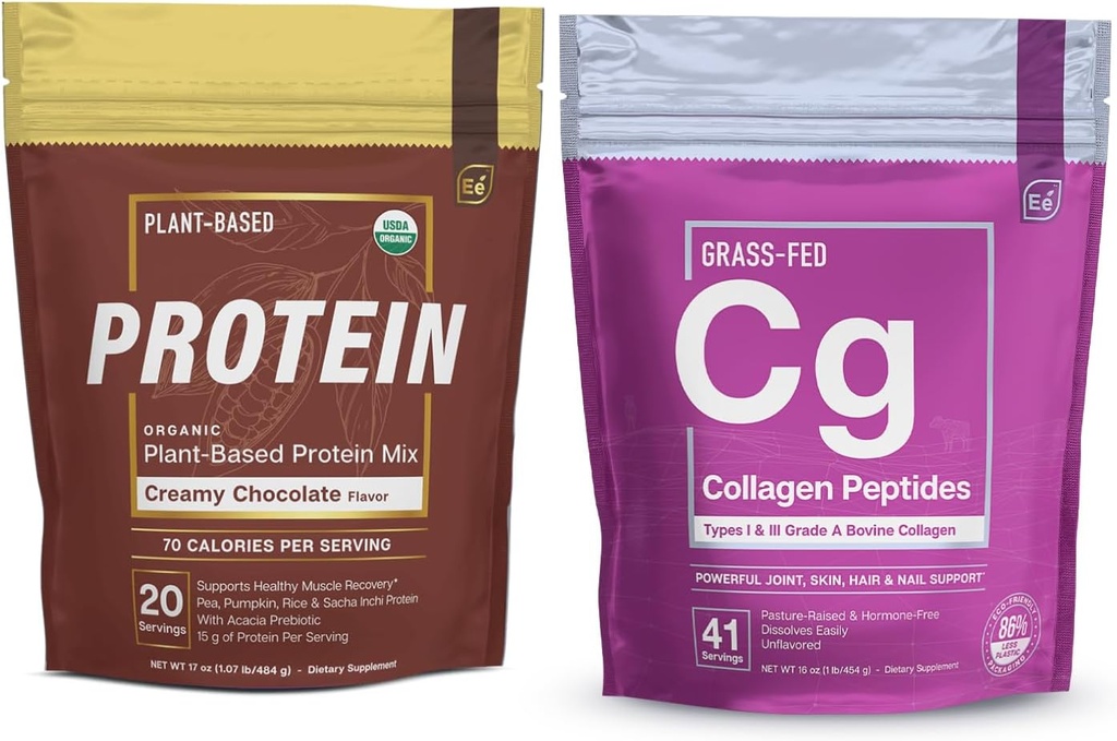 Temel Elements Hydrolyzed Collagen Hydro Toz & Organik Pea Protein Toz - Kremi Çikolata | Ortak, Cilt, Saç ve Nail Desteği + Low-carb Plant-Based Vegan