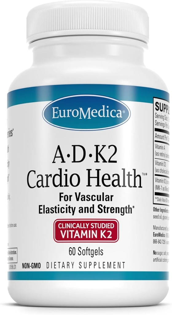 EuroMedica A•D•K2 Cardio Health - Cardio Health & Vascular Elasticity and Strength Support - Cardiovascular Support Supplement with Vitamins A & D3 - Aids Blood Manuality - 60 Softgels