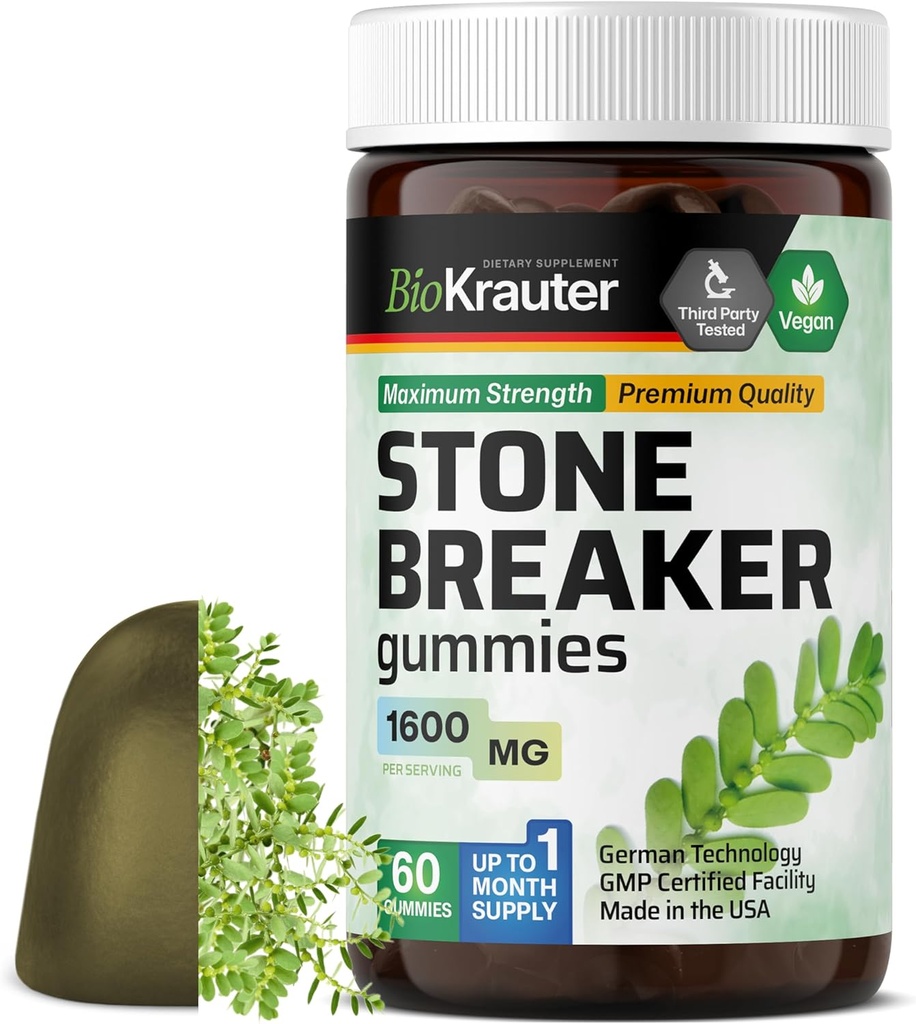 BIO KRAUTER Chanca Piedra Stone Breaker Gummies - 1600 mg Strength - 60 Vegan Chews - Natural Kidney & Gallbladder Cleanse Supplement